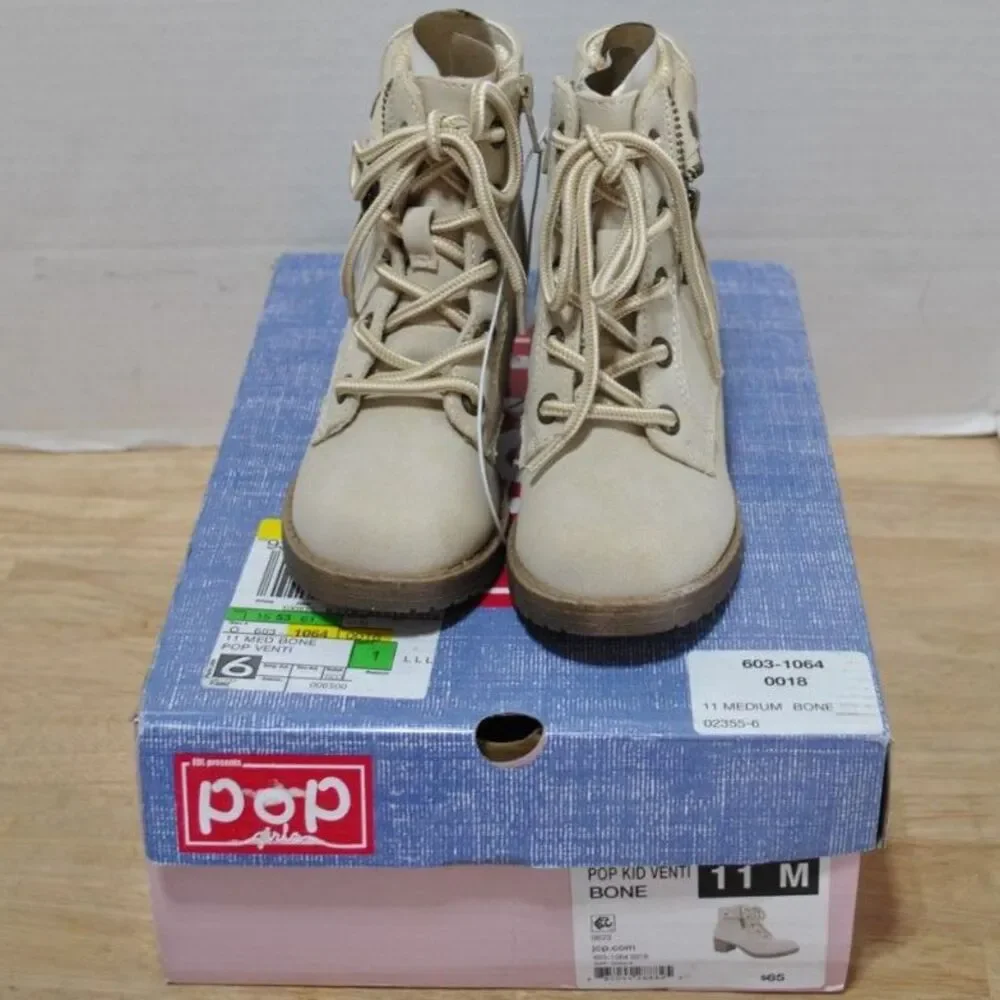 Pop Girl's Venti Block Heel Lace Up Boots Bone Color Size 11M